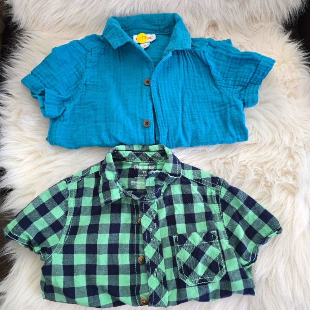 Okie Dokie And Cat & Jack Blue and Green Kids Button Down Shirt Bundle. Size 3T